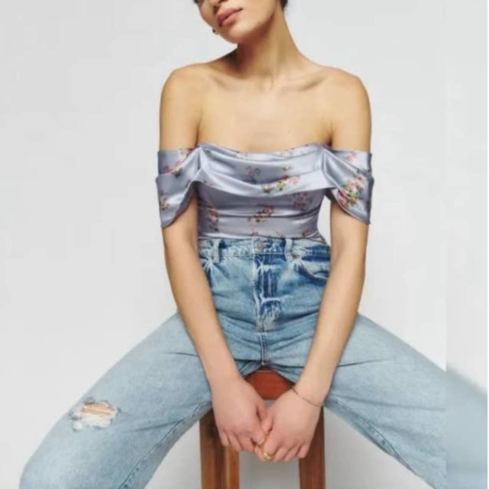 Reformation Lux Floral Silk Top 8 Women’s Melba Blue